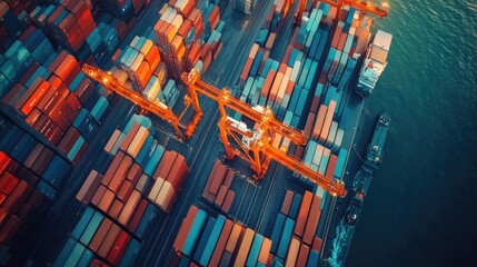 Obraz premium Aerial View Of A Busy Container Port At Night