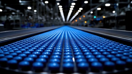 Naklejka premium Blue spheres on conveyor belt in factory. (1)