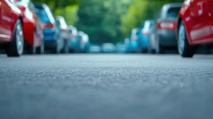 Fototapeta premium Expansive view of a wide, empty asphalt parking lot under a clear blue sky, perfect for urban exploration.
