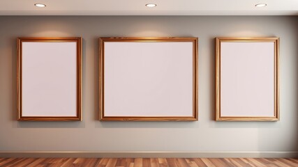 Empty wooden picture frames on a wall in a gallery setting