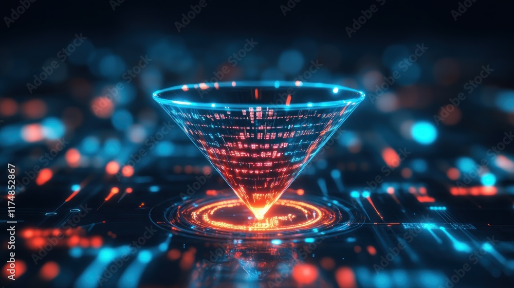 Poster futuristic holographic cone displaying data streams