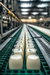 Bottles of milk on a production line in a factory setting.
