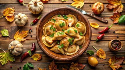 Fototapeta premium Aerial View: Mushroom Pierogi, Ceramic Bowl, Wooden Table - Drone Photography Vegetarian Food