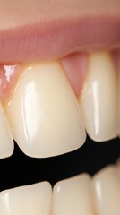 Close-up of healthy front teeth showing gums and enamel in detail, highlighting dental health and hygiene.