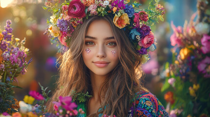 woman with floral crown and colorful hair smiles amidst vibrant flowers, radiating joy and beauty