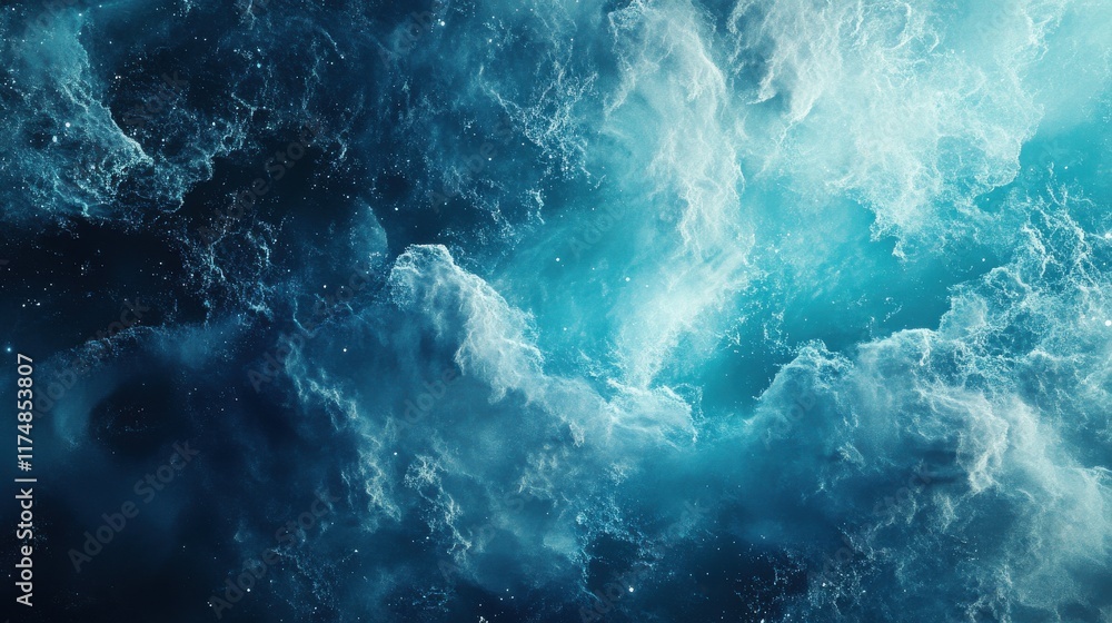 Poster a mesmerizing abstract image of swirling deep blue and turquoise clouds in a cosmic setting.