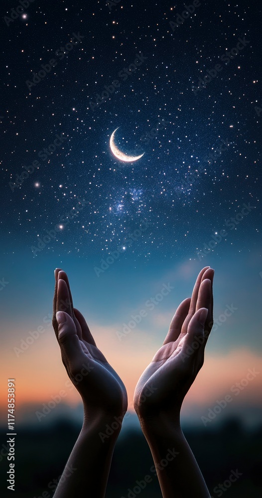 Wall mural The background is the night sky with stars and moon, creating an atmosphere of tranquility for prayer or spiritual reflection during Ramadan. The hands in palms together symbolize serenity and connect