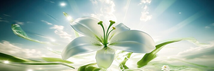 A radiant white lily surrounded by soft green leaves under a bright sky.