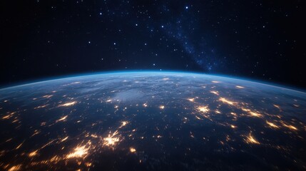 Obraz premium A stunning view of Earth at night, showcasing cities illuminated by lights against a starry backdrop.
