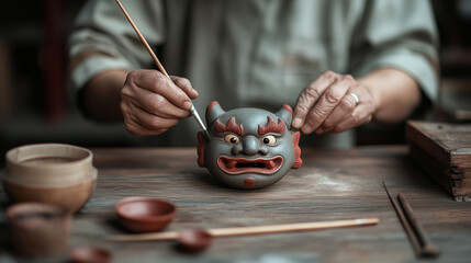 Crafting a traditional mask in a workshop showing intricate details and skilled artistry at dusk. Generative AI