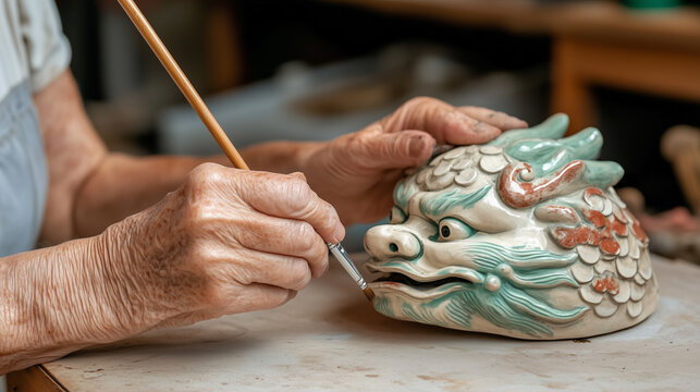 Artisan meticulously painting a traditional dragon mask in a workshop during daylight hours. Generative AI