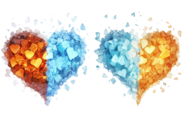 Opposites Attract: Two shattered hearts, one warm and fiery, the other cool and icy, mirroring a complex duality of love and loss.