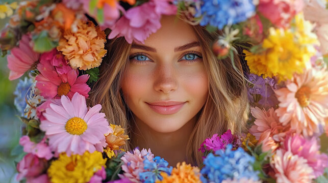 woman with vibrant blue eyes surrounded by colorful floral wreath, radiating joy and beauty