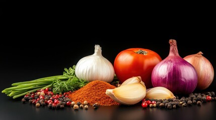 A vibrant arrangement of fresh vegetables and spices, including onions, tomatoes, garlic, and colorful seasonings, set against a dark background.