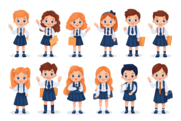 Adorable Schoolchildren: A collection of cute cartoon schoolchildren in uniform, perfect for educational projects and back-to-school themes.  Diverse and cheerful.