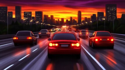 Fototapeta premium Cityscape Sunset Highway Traffic Jam with Red Car Leading