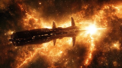 Obraz premium Golden Spaceship Traveling Through Fiery Nebula