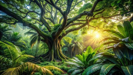 Fototapeta premium Ancient Jungle Canopy Bathed in Golden Sunlight, Lush Tropical Foliage and Majestic Tree Roots