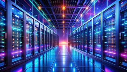 Obraz premium Futuristic Data Center: Glowing Interfaces & Server Racks - Stock Photo