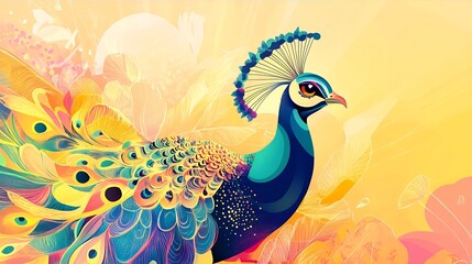 Fototapeta premium Vibrant Peacock Illustration Colorful Feathers and Floral Background