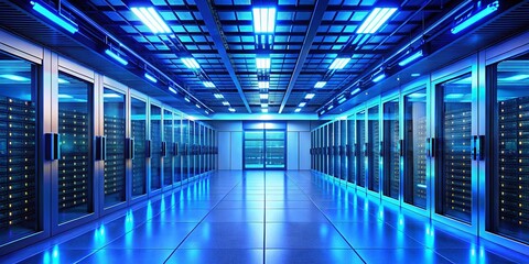 Fototapeta premium Futuristic Data Center: Blue Server Room, Minimalist Design, Reflective Floor