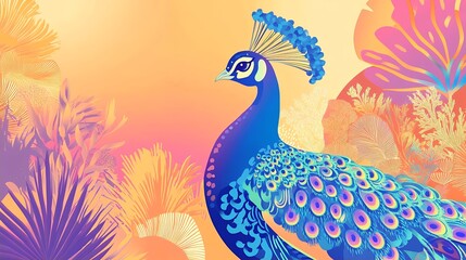Fototapeta premium Vibrant Peacock Art Print Tropical Sunset Bird