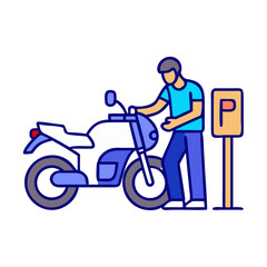 Colorful Illustration of a Man Parking a Motorcycle