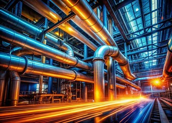Obraz premium Futuristic Data Pipeline: Glowing Orange & Blue Digital Streams in High-Tech Industrial Setting
