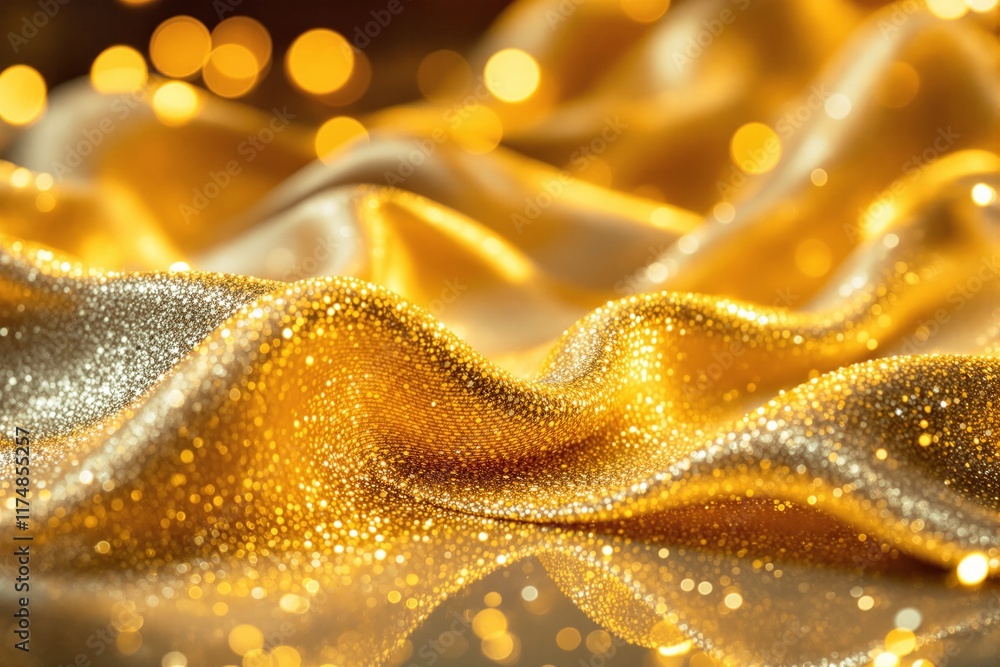 Poster golden shimmering fabric with glitter texture, adorned with soft bokeh lights, creating a luxurious 