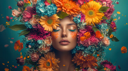 Artistic portrait of woman with vibrant floral headdress, colorful flowers, and serene expression, showcasing beauty and nature harmony