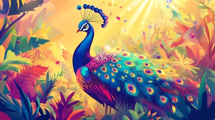 Fototapeta premium Vibrant Peacock in Tropical Garden Colorful Bird Art Print