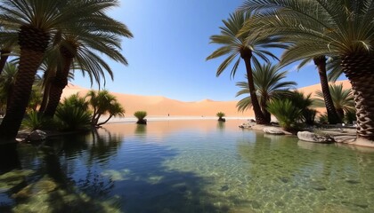 Fototapeta premium Serene Oasis Palm Trees Frame Desert Pond