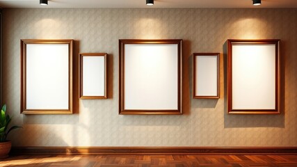 Empty picture frames on a wall in a room with hardwood floors