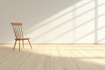 Minimalist wooden chair in sunlit empty room