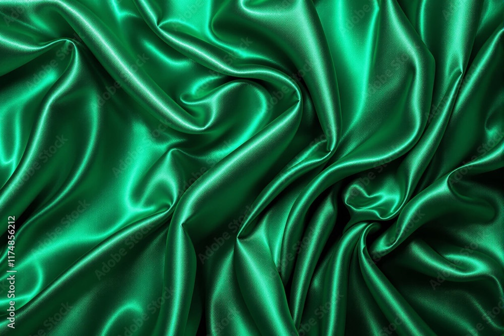 Poster shiny green silk fabric with intricate folds, creating a luxurious and smooth texture. close-up on a