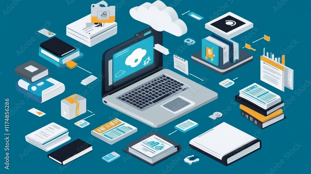 Poster cloud-based data management and organization system with laptop at center