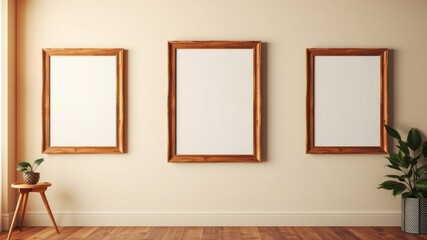 Three Empty Wooden Frames on a Beige Wall in a Room with a Plant