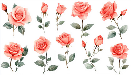 A flat-lay design of pink roses and green leaves on a white background offers elegance and ample space for text, ideal for decorative or promotional uses.