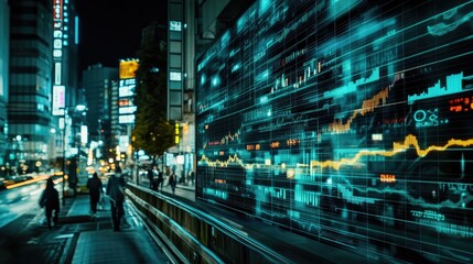 Urban Night Scene with Financial Data Display