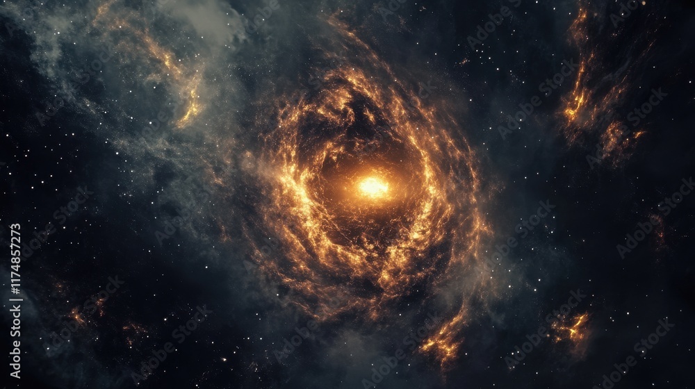 Poster a mesmerizing view of a vibrant galaxy with swirling cosmic clouds and a bright core.