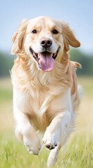 A cheerful golden retriever runs joyfully across a grassy field on a sunny morning, capturing the essence of happiness and freedom.