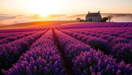 Obraz premium Sunrise over Lavender Fields and a Country House