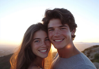 A couple poses lovingly on a mountaintop at sunset; their happy expressions and natural charm shine against the vibrant, glowing horizon, evoking romance and connection.