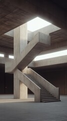 Obraz premium A cinematic 8k still of a modern, minimalist interior under renovation, featuring a dramatic concrete staircase with a skylight illuminating the area.