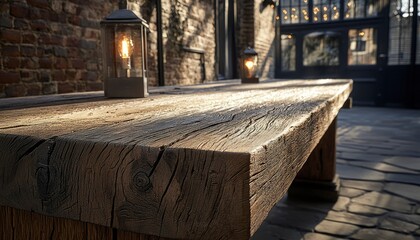 Rustic Wooden Table With Lit Lanterns Outdoors
