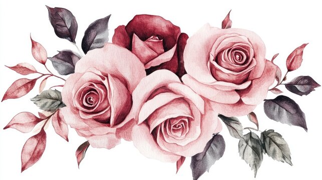 Watercolor Painting of Three Roses and Leaves