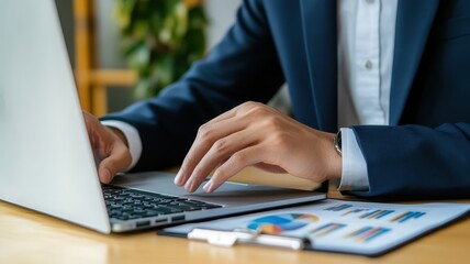 Focused man typing on laptop keyboard, working on a project with determination and creativity.
