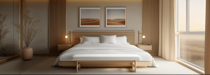 modern bedroom with wood slats on the wall, light gray walls, soft warm lighting, a white wooden bench at the head of the bed, pastel desert landscape posters above and below the bed