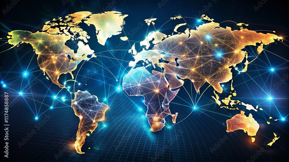 Poster global currency exchange network: silhouette of world map with financial transaction flows