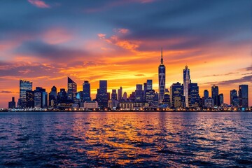 Fototapeta premium City skyline illuminated during sunset, vibrant colors reflecting on water, urban silhouette against dramatic sky. Ai generative